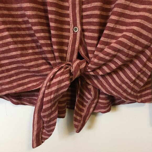 100% Cotton Long Sleeve Tie Hem Raspberry and Peach Pinstripe Top - Picture 5 of 16